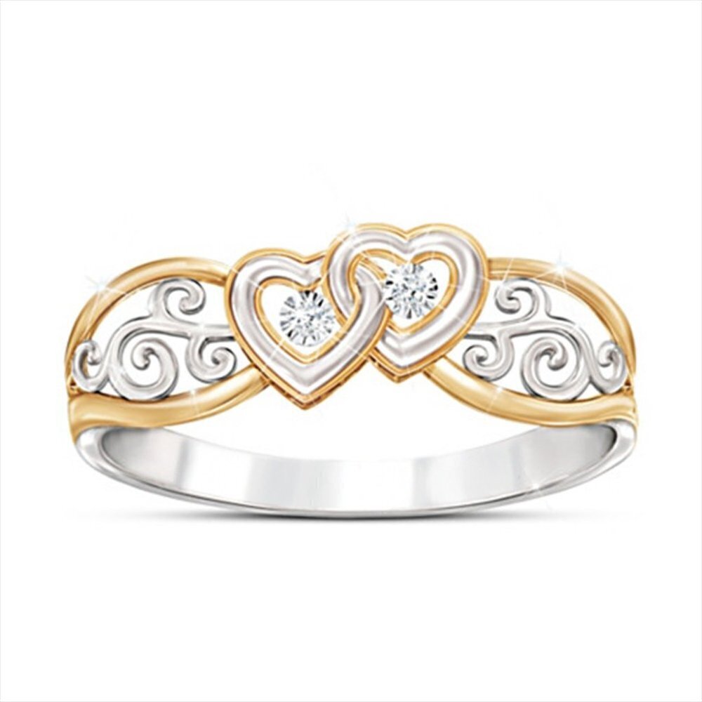 💥 Lovely Double Heart Carved Flower Two Color Plated Rings for Women, PD697 - Picture 7 of 9